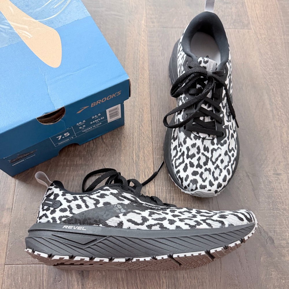 Brooks Revel Women's Black and White Leopard Athletic Sneakers - Picture 2 of 6